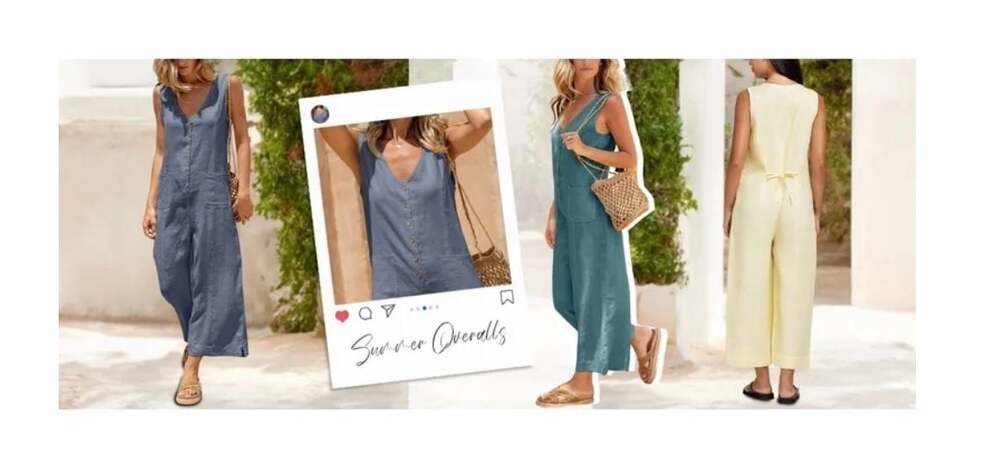 Women's Sleeveless Cotton Linen Blend V-Neck Button-Down Wide-Leg Jumpsuit - Picture 5 of 15